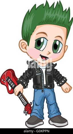 Vektor-Cartoon-ClipArt-Grafik eines kaukasischen jungen in einem Punk Rocker Kostüm, in einem Anime oder Manga-Stil gezeichnet. Stock Vektor