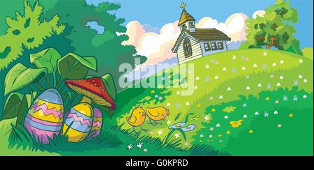 Vector Cartoon Clip Kunst Landschaft Hintergrund mit einem Ostern Urlaubsthema. Stock Vektor