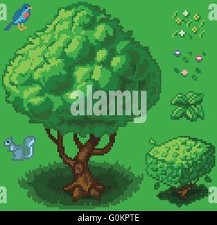 Vektor-Illustration-Icon-Set von einem Baum, Strauch, ein Eichhörnchen, ein Vogel, eine kleine Pflanze und Blumen als Videospiel-Pixel-Art erstellt. Stock Vektor