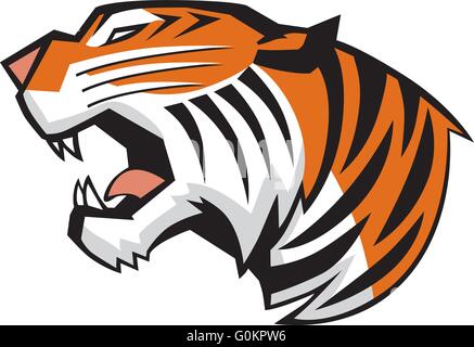 Vektor-Cartoon Clip Art Illustration eines brüllenden Tiger Kopf in Seitenansicht, dargestellt in einem Grafikstil Stock Vektor