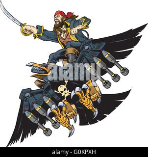 Vektor-Cartoon Illustration oder Clip Art von A Pirate Riding A Roboter Krähe oder Rabe, schwingt ein Schwert oder Entermesser. Stock Vektor