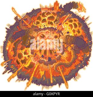 Vektor-Cartoon Clip Art Illustration einer Explosion mit Feuerbällen, Rauch und fliegende Trümmer. Stock Vektor