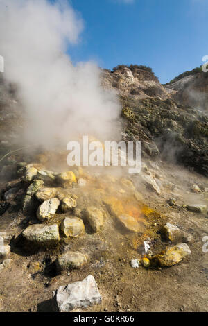 Solfatara Vulkan. Dampf & schwefelhaltige Dämpfe steigen aus Fumerole / Formationen. Pozzuoli nr Neapel Italien; Campi Flegrei Vulkangebiet Stockfoto