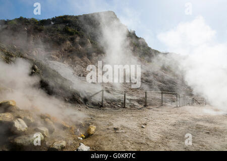 Solfatara Vulkan. Dampf & schwefelhaltige Dämpfe steigen aus Fumerole / Formationen. Pozzuoli nr Neapel Italien; Campi Flegrei Vulkangebiet Stockfoto