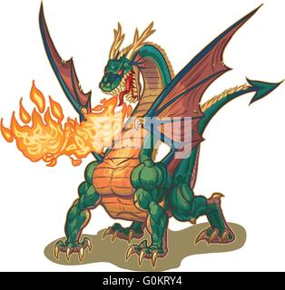 Cartoon Clip Art Vektorgrafik eine muskuläre Drachen Maskottchen, Feuer zu speien, mit Flügeln. Stock Vektor