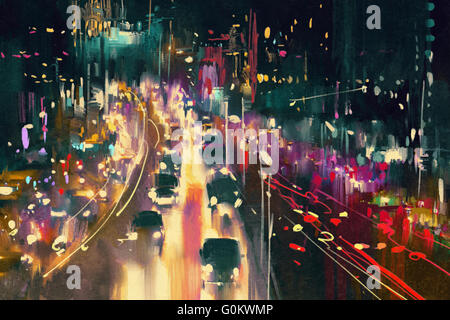Lichtspuren auf der Straße in der Nacht, digitale Illustration Malerei Stockfoto