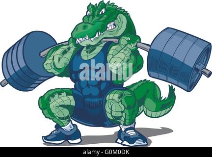 Vektor cartoon Clipart Illustration eines harten, weightlifting Alligator oder Krokodil Maskottchen trägt ein singlet eine Hocke tun Stock Vektor