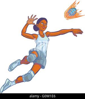 Cartoon Clip Art Illustration eine afroamerikanische Mädchen-Volleyball-Spieler springen, um einen eingehenden spike dienen. Stock Vektor