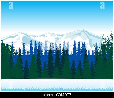 Winterlandschaft mit Holz und Berg Stock Vektor