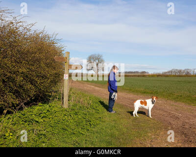 Yorkshire Wolds Land Wanderweg mit einer Frau und ein Hund in der Nähe ein Maultierweg Zeichen bei blau bewölktem Himmel im Frühling Stockfoto