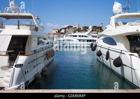 Luxus-Yachten vor Anker in Cannes, Frankreich. Die alte Stadt von Le Suquet ist im Hintergrund. Stockfoto
