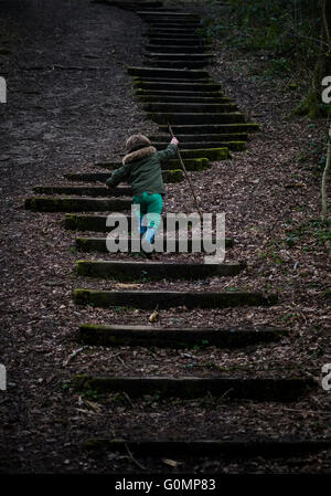 Ein kleiner Junge, die hölzernen Treppenstufen in Wäldern, Worcestershire, UK Stockfoto