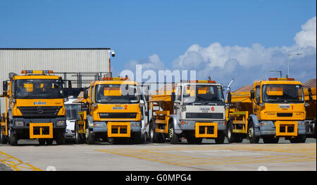 DAF LF Heavy Duty Winter Körnung Salzstreuer gelagert in Council Yard für Körnung  Fahrzeuge in Birkenhead, Merseyside, Großbritannien Stockfoto