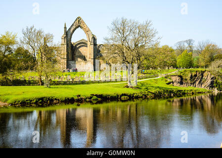Blick über den Fluß Wharfe zu den Ruinen von Bolton Abbey, North Yorkshire Stockfoto
