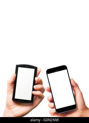 moderne Smartphones in Händen Stockfoto