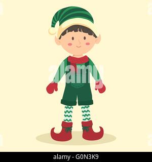 Christmas Elf junge mit Overall. Illustration von Weihnachtsgrußkarte mit Elf junge in einfachen Creme Hintergrund. Stock Vektor