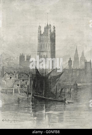 Westminster-Palast, London, England im 19. Jahrhundert von Lambeth Bridge gesehen Stockfoto