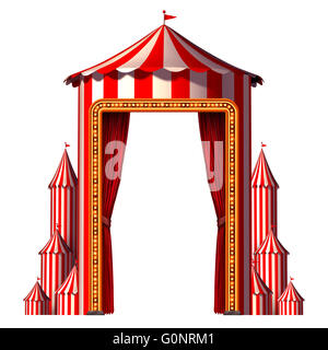 Zirkus Zelt in einer vertikalen Karneval Komposition Aan Unterhaltung Ans Vergnügen Symbol für eine festliche Veranstaltung Feier mit Leerzeichen isoliert auf einem weißen Hintergrund als ein 3D Illustration Konzept. Stockfoto