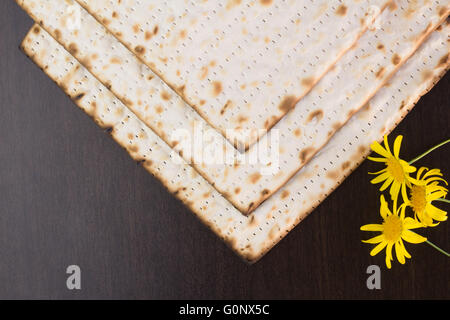 Matzo auf braunem Hintergrund mit gelben Blüten Stockfoto