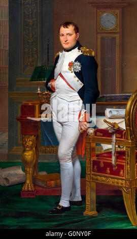 Napoleon Bonaparte Porträt. Gemälde mit dem Titel „der Kaiser Napoleon in seinem Arbeitszimmer in den Tuilerien“ von Jaques-Louis David, Öl auf Leinwand, 1812. Stockfoto