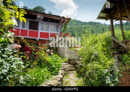 Umgeben von Laub einen schmalen Pfad Winde in den Himalaya Dorf Nashala mit einem Haus am Ende. Stockfoto