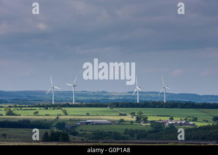 4 riesigen Windenergieanlagen (Schandfleck?) Turm über Ackerland Felder in der malerischen Landschaft - Knabs Ridge Wind Farm in der Nähe von Harrogate, North Yorkshire, England. Stockfoto