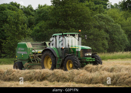 Silageherstellung - grün, Bauernhof Traktor ziehen eine Rundballenpresse arbeitet auf einem Feld am großen Ouseburn, North Yorkshire, England. Stockfoto