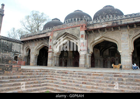 Auf Seiten der Bada Gumbad Moschee, Lodhi Gärten, Delhi, mit Inschriften Bögen und Kuppeln auf der Oberseite Stockfoto