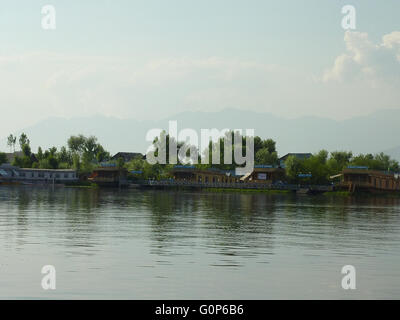 Hausboote in Dal Lake, Srinagar, Kaschmir, mit schwimmenden Nutzgärten Hintergrund, Verpflegung und Unterkunft Stockfoto