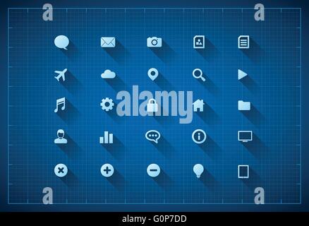 Vektor flach lange Schatten Iconset auf Blaupause Hintergrund. Stock Vektor