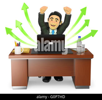 3D Geschäftsleute. Geschäftsmann in seinem Büro. Erfolg. Grüne Pfeile. Isolierten weißen Hintergrund. Stockfoto