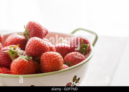 Frische Erdbeeren in einem Sieb mit Licht, das von hinten. Stockfoto