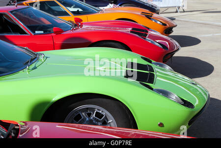 Blick auf die Vorderseite der drei Lamborghini Miura auf statische Anzeige bei der Silverstone Classic Media Day 2016. Stockfoto