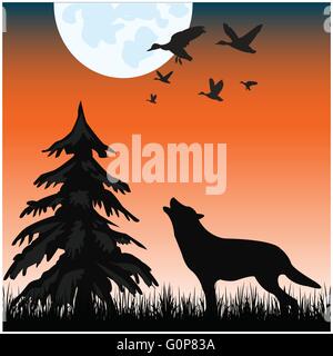 Die Silhouette des Wolfs in Nacht Holz. Vektor-illustration Stock Vektor