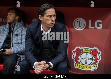 Leverkusen, Deutschland. 30. April 2016. Leverkusens Trainer Roger Schmidt vor der deutschen Fußball-Bundesliga-Fußball im Bild Kopf match zwischen Bayer 04 Leverkusen und Hertha BSC in der BayArena in Leverkusen, Deutschland, 30. April 2016. Foto: MAJA HITIJ/Dpa/Alamy Live News Stockfoto