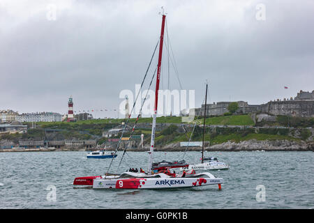 Plymouth, UK. 2. Mai 2016. Die britische Ocean City Gastgeber 2016 transatlantischen Solo Boat Race, Rennen über den Nordatlantik, Plymouth, England. Transat, älteste Single Handed Transatlantic Race, 3000miles nach New York in knapp zwei Wochen. Bildnachweis: Barry Bateman / Alamy Live News Stockfoto