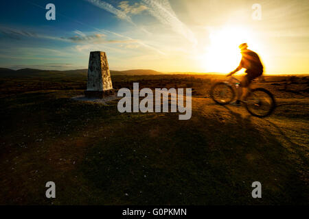 Flintshire, North Wales, UK. 3. Mai 2016. Großbritannien Wetter - UK Temperaturen beginnen zu steigen diese Woche was +20C Grad vom Wochenende. Sonnenuntergang über Halkyn Berg mit Blick auf die Clwydian Hügel, wie ein Mountainbiker die Abendsonne genießt Stockfoto