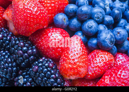 Nahaufnahme von Brombeeren, Heidelbeeren und Erdbeeren. Stockfoto