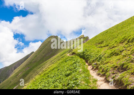 Wanderweg entlang dem Bergrücken im Berner Oberland in der Nähe von Brienzer Rothorn über dem Brienzer See im Kanton Bern, Großbrit Stockfoto