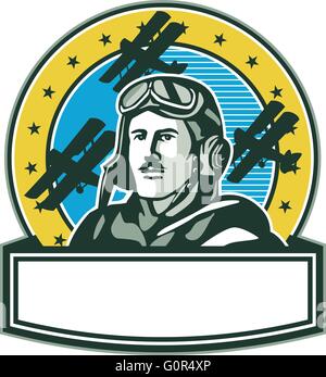 Illustration von einem Vintage Weltkrieg ein pilot Flieger Aviator mit Schnurrbart Büste mit Spad Doppeldecker Kämpfer Flugzeuge und Sterne im Hintergrund im inneren Kreis im retro-Stil gemacht. Stock Vektor