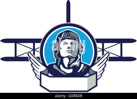 Illustration einer Vintage Weltkrieg ein pilot Flieger Aviator Front mit Spad Doppeldecker Kämpfer Flugzeuge im Hintergrund im inneren Kreis im retro-Stil gemacht. Stock Vektor