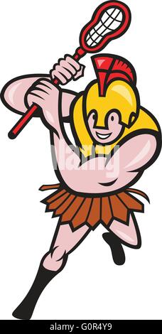 Beispiel für ein Gladiator-Lacrosse-Spieler mit spartan Helm halten, dass Lacrosse Stick auffallend von vorne am isolierten weißen Hintergrund getan im Cartoon-Stil angezeigt. Stock Vektor