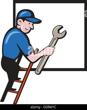 Abbildung eines Handwerker Handwerker Arbeitnehmers Hut tragen Schraubenschlüssel Schraubenschlüssel Aufstieg mit Fenster im Hintergrund getan im Cartoon-Stil. Stock Vektor