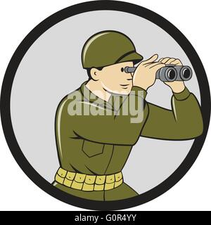 Abbildung von einem Weltkrieg eine amerikanische Soldat Soldat Blick durch das Fernglas gesehen von der Seite, die im inneren Kreis im Cartoon-Stil gemacht. Stock Vektor