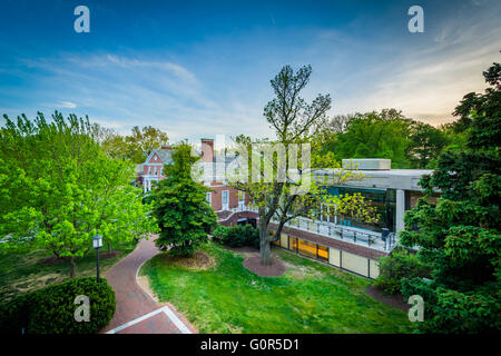 Ansicht von Gebäuden und Bäumen an der Johns Hopkins University in Baltimore, Maryland. Stockfoto