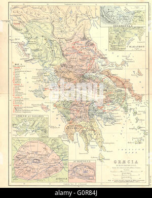 Griechenland: Thermopylen; Marathon; Athen; Salamis, 1880 Antike Landkarte Stockfoto