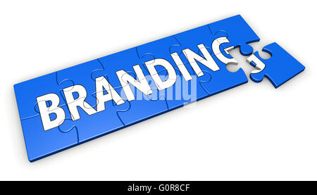 Corporate branding-Entwicklung und Marketing-Konzept mit Wort auf eine blaue Puzzle 3D Illustration isoliert auf weiss Marke. Stockfoto