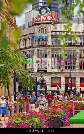 Exchange Square Manchester mit der Printworks Komplex im Hintergrund. Greater Manchester, England Stockfoto