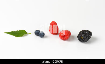 Frische Heidelbeeren, Himbeeren und Brombeeren auf weißem Hintergrund Stockfoto