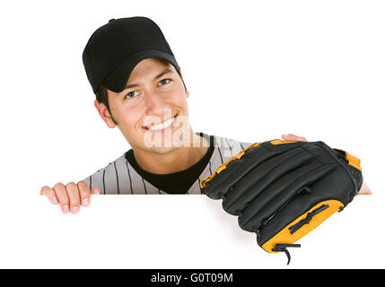 Isoliert auf weiße Serie von zwei Männern in Baseball Uniformen, in verschiedenen Posen mit Requisiten. Stockfoto